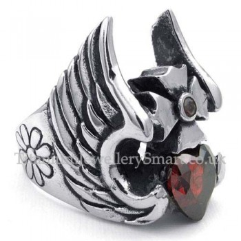 Titanium Cross Feather Ring with Red Zircon