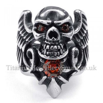Titanium Skull Wing Ring with Red Zircon