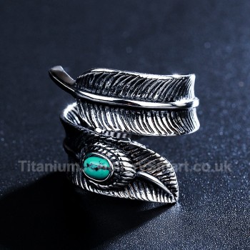 Titanium Mens Retro Feather-shaped Ring with Turquoise