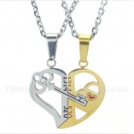 Titanium Heart Shaped Lock Couple's Pendant with Free Chain (One Pair)