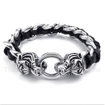 Titanium Tiger Head Leather Bracelet