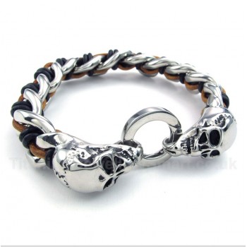 Titanium Skull Leather Bracelet