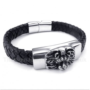 Titanium Lion's Head Leather Bracelet