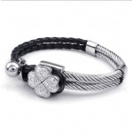 Clover Black Leather Titanium Bracelet