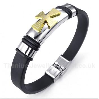 Titanium Greek Meander Pattern Gold Cross Rubber Bracelet