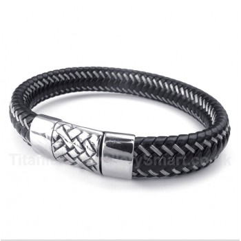 Titanium Black Leather Cable Bracelet
