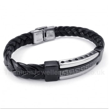 Titanium Greek Meander Pattern Leather Bracelet