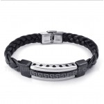 Titanium Greek Meander Pattern Leather Bracelet