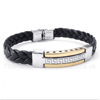 Titanium Greek Meander Pattern Gold Leather Bracelet