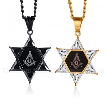 Unisex Titanium Pendant 34.7 mm Zircon Masonic Hexagram Black PN-1035