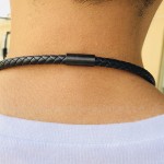 Men's PU Leather Necklace Magnet Lava Stone Leather Black NC441