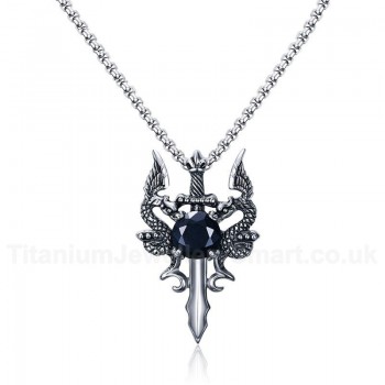 Men's Titanium Pendant 44 mm Black Zircon Two Chinese Dragon Sword PN-712