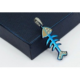 Cute Blue Fish Bone Titanium Pendant - Free Chain