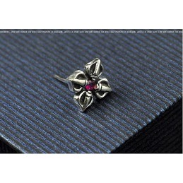 Four Silver petals and Red Heart Flower Titanium Earrings