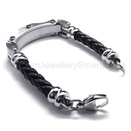 Mens Titanium Leather Inlay Diamond Bracelet 18721