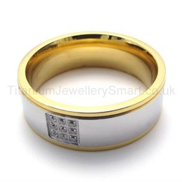 Golden Inlaid With Diamond Titanium Ring 20016