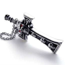 Skull With Red Rhinestone Dagger Titanium Cross Pendant 20542