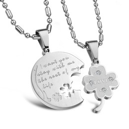 Titanium Silver Clover Lovers Pendants with Rhinestones and Free Chains C599