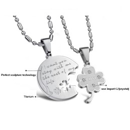 Titanium Silver Clover Lovers Pendants with Rhinestones and Free Chains C599