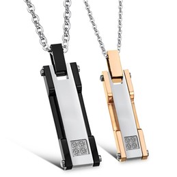 Titanium Rose Gold and Black Rectangle Lovers Pendants with Rhinestone and Free Chains C362 