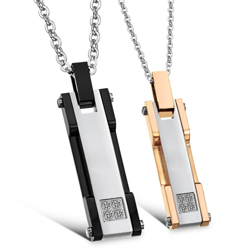 Titanium Rose Gold and Black Rectangle Lovers Pendants with Rhinestone and Free Chains C362 