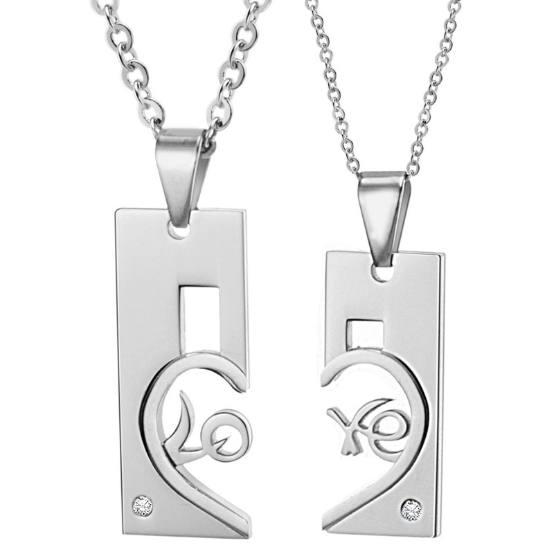 Titanium Silver Rectangle and Sweetheart Lovers Pendants and Dimaonds and Free Chains C539