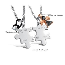 Titanium Silver "Love is Always here now and Forever" Lovers Pendants with Rhinestones and Free Chains C608