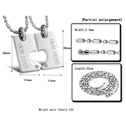 Titanium Silver "Our Hope & Our Love" Sweetheart Lovers Pendants with Rhinestones and Free Chains C602