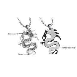 Titanium Silver and Black Dragon Lovers Pendants with Free Chains C399