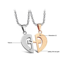 Titanium Rose Gold and Silver Sweetheart Lovers Pendants with Rhinestones and Free Chains C641
