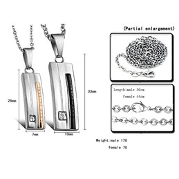 Titanium Rectangle Black and Rose Gold "Love Forever" Lovers Pendants with Rhinestones and Free Chains C567