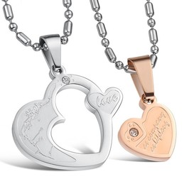 Titanium Rose Gold and Silver Sweetheart Lovers Pendants with Rhinestones and Free Chains C600