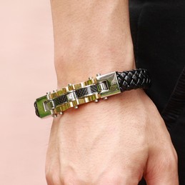 Mens Fashion Gold Titanium Leather Cable 2015 NEW Bracelet 