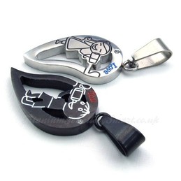Black & Silver Lovers Titanium Heart Pendant Necklace  (Free Chain)(One Pair)