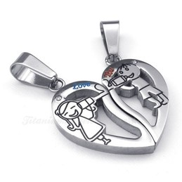 His & Hers Silver Titanium Broken Heart Pendant Necklace  (Free Chain)(One Pair)