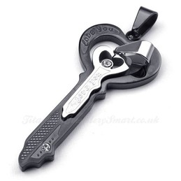 Lovers Titanium Black Silver Key Pendant Necklace (Free Chain)(One Pair)