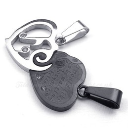 Silver & Black Titanium Couples Hearts Pendant Necklace (Free Chain)(One Pair)