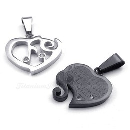 Silver & Black Titanium Couples Hearts Pendant Necklace (Free Chain)(One Pair)
