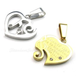 Gold & Silver Titanium Couples Hearts Pendant Necklace (Free Chain)(One Pair)