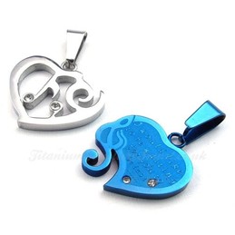 Blue & Silver Titanium Couples Hearts Pendant Necklace (Free Chain)(One Pair)