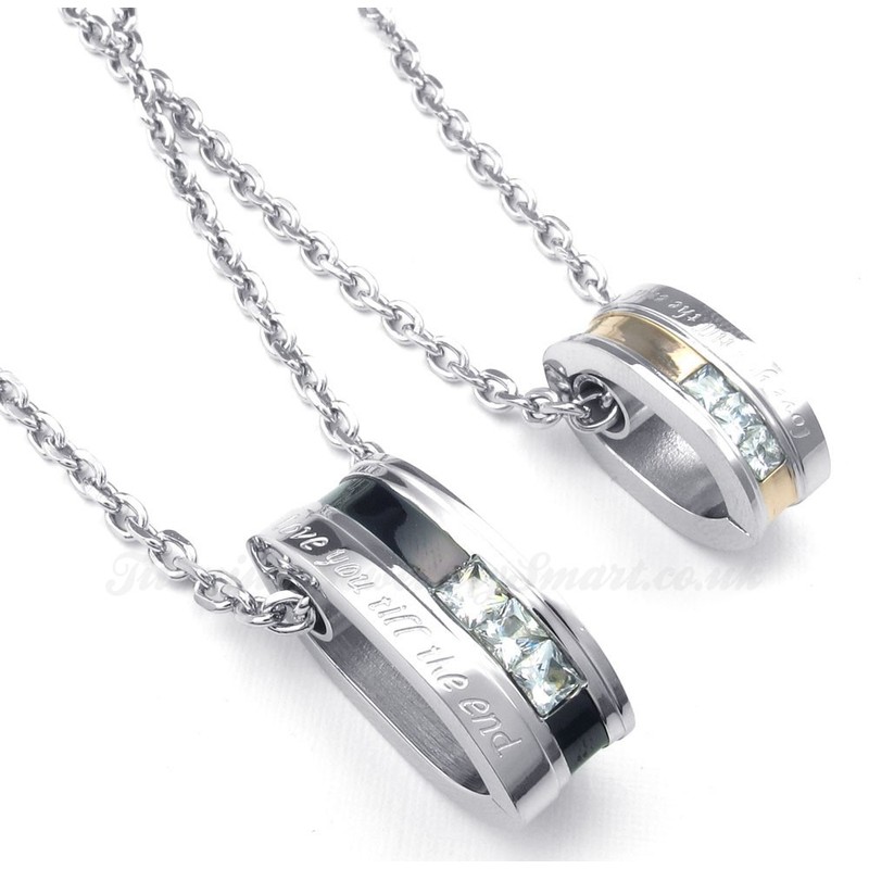 White Zircon Titanium Circles Couples Pendant Necklace (Free Chain)(One Pair)