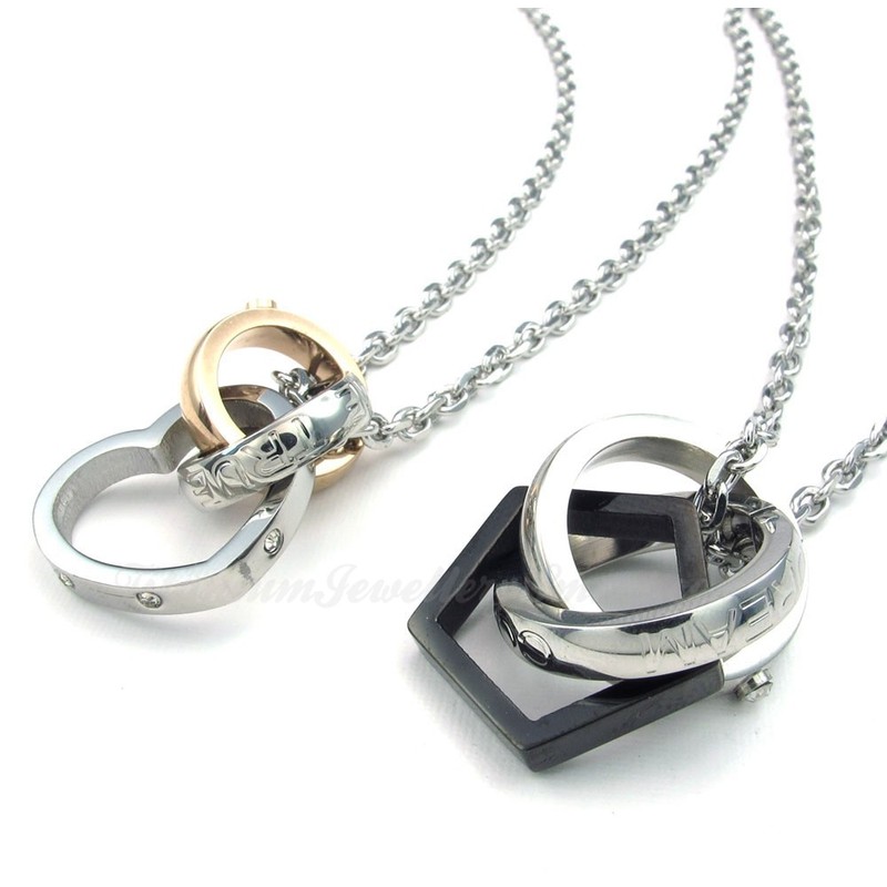 Titanium Couples Interlocking Circles Hearts Pendant Necklace (Free Chain)(One Pair)
