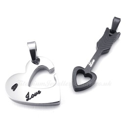 Titanium Black Cupid Arrow Hearts Couples Pendant Necklace (Free Chain)(One Pair)