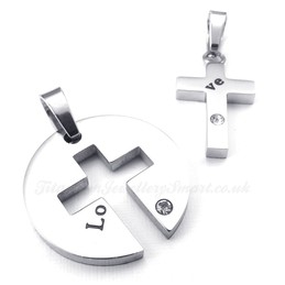Titanium Silver Cross Couples Pendant Necklace (Free Chain)(One Pair)