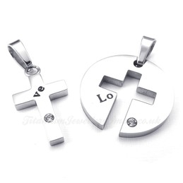 Titanium Silver Cross Couples Pendant Necklace (Free Chain)(One Pair)