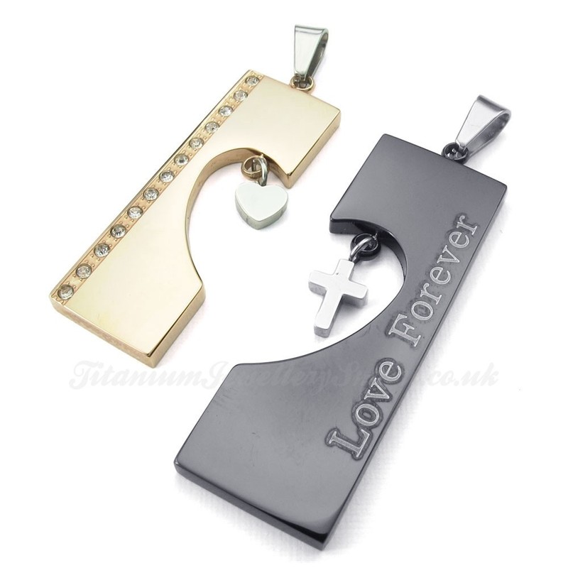Double Color Titanium Hearts Couples Pendant Necklace (Free Chain)(One Pair)