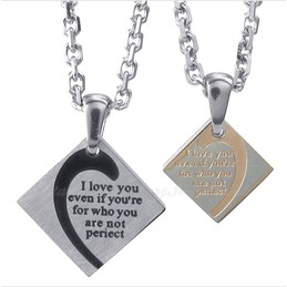 Titanium Square Couples Pendant Necklace (Free Chain)(One Pair)