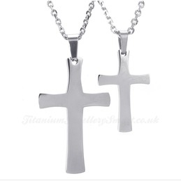 Silver Titanium Cross Couples Pendant Necklace (Free Chain)(One Pair)