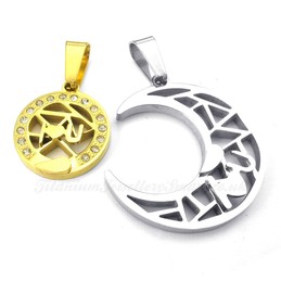 Titanium Gold Moon And Stars Couples Pendant Necklace (Free Chain)(One Pair)