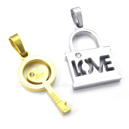 Titanium Gold Key Couples Pendant Necklace (Free Chain)(One Pair)